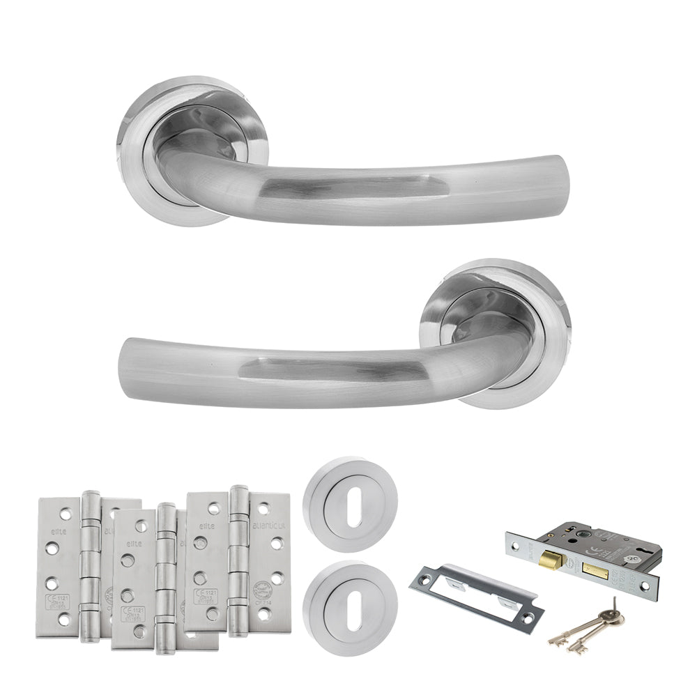 Quality image of STATUS Nevada Door Handle Pack (3 Lever Lock Set - 3" CE Sashlock, 4" Fire Rated Hinges x3) - Satin Chrome | Sku. adps21rsc17 | available from Trade Door Handles.
