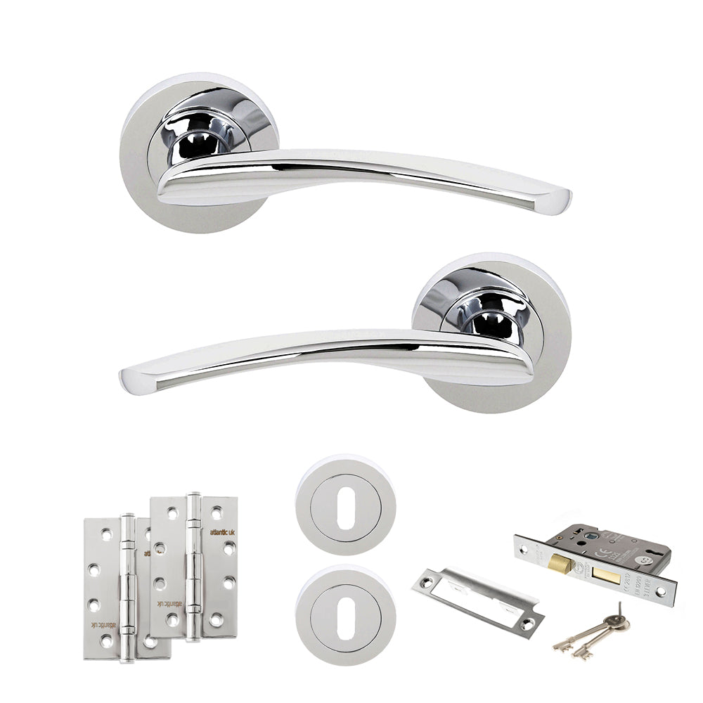 Quality image of STATUS Arizona Door Handle Pack (3 Lever Lock Set - 2.5" CE Sashlock, 4" Slim Knuckle Hinges x2) - Polished Chrome | Sku. adps22rpc18 | available from Trade Door Handles.