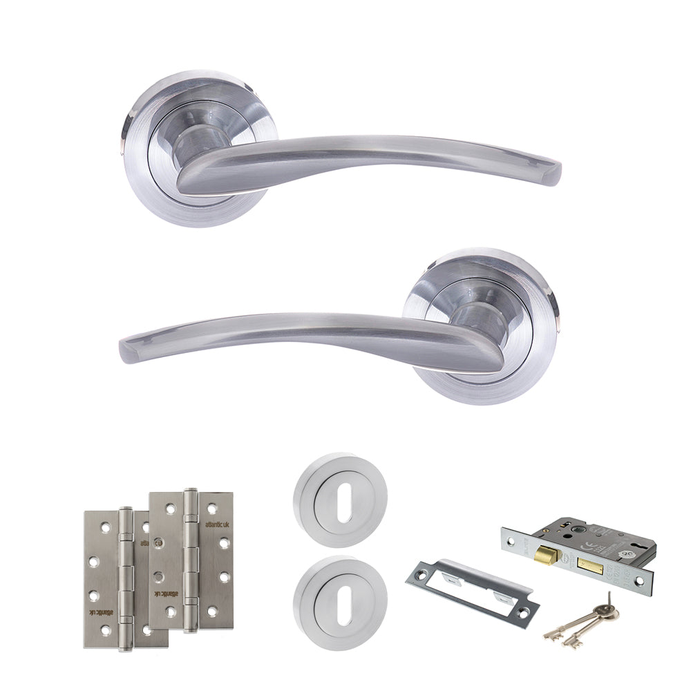 Quality image of STATUS Arizona Door Handle Pack (3 Lever Lock Set - 2.5" CE Sashlock, 4" Slim Knuckle Hinges x2) - Satin Chrome | Sku. adps22rsc18 | available from Trade Door Handles.