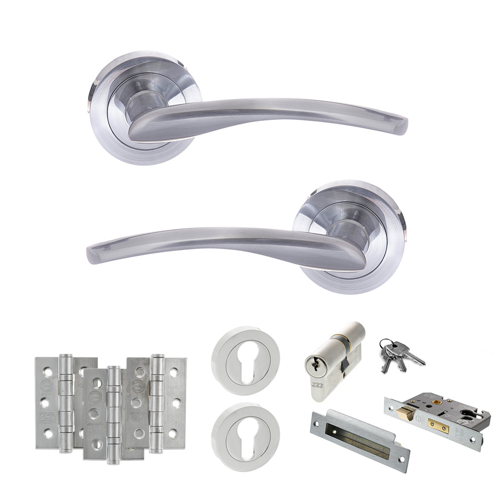 Quality image of STATUS Arizona Door Handle Pack (Euro Lock Set - 2.5" CE Sashlock, 3" Fire Rated Hinges x3) - Satin Chrome | Sku. adps22rsc20 | available from Trade Door Handles.
