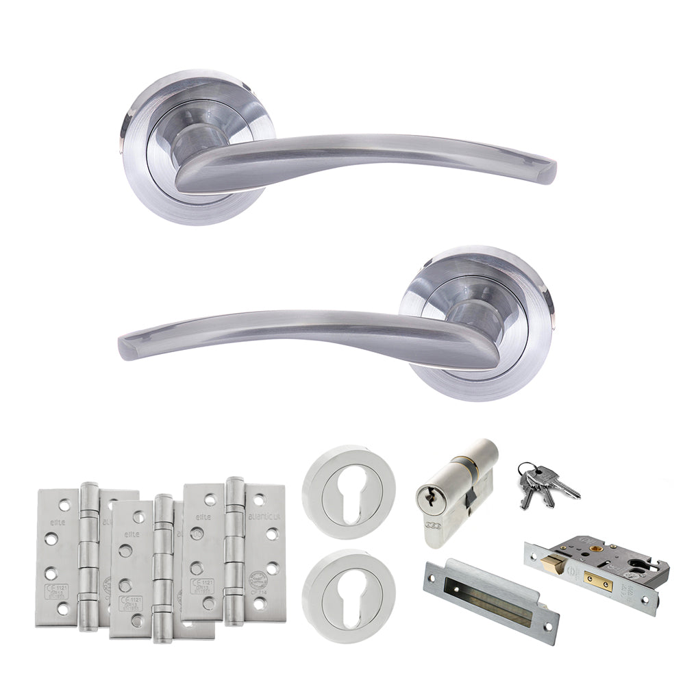 Quality image of STATUS Arizona Door Handle Pack (Euro Lock Set - 2.5" CE Sashlock, 4" Fire Rated Hinges x3) - Satin Chrome | Sku. adps22rsc22 | available from Trade Door Handles.
