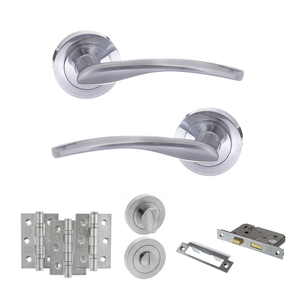 Quality image of STATUS Arizona Door Handle Pack (Bathroom Set - 2.5" CE Bathroom Lock, 3" Fire Rated Hinges x3) - Satin Chrome | Sku. adps22rsc8 | available from Trade Door Handles.