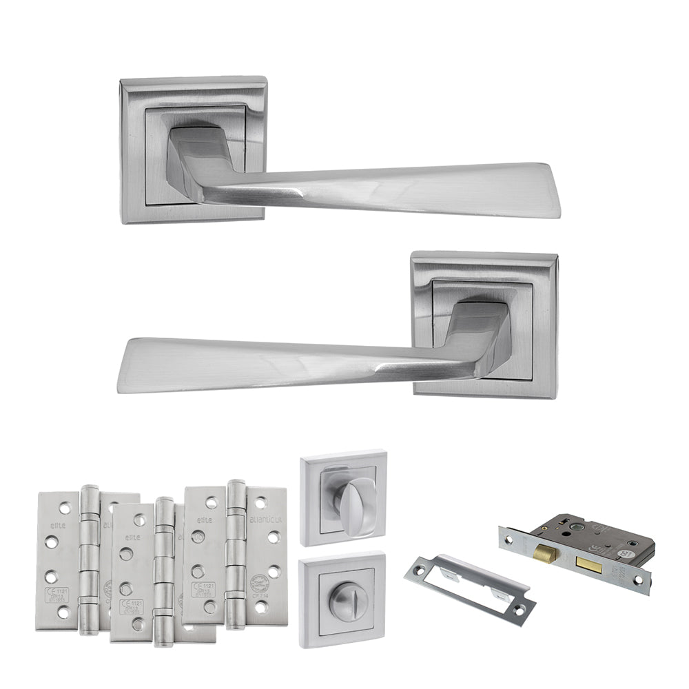 Quality image of STATUS California Door Handle Pack (Bathroom Set - 3" CE Bathroom Lock, 4" Fire Rated Hinges x3) - Satin Chrome | Sku. adps23ssc11 | available from Trade Door Handles.