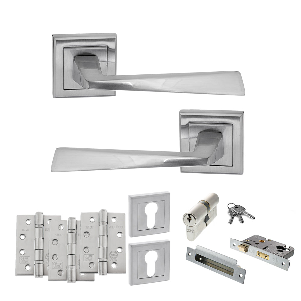 Quality image of STATUS California Door Handle Pack (Euro Lock Set - 2.5" CE Sashlock, 4" Fire Rated Hinges x3) - Satin Chrome | Sku. adps23ssc22 | available from Trade Door Handles.