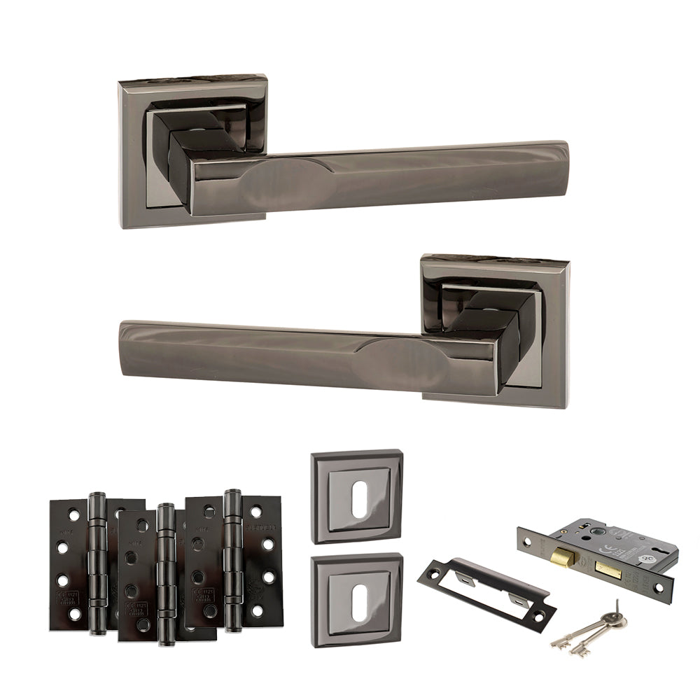 Quality image of STATUS Kansas Door Handle Pack (3 Lever Lock Set - 3" CE Sashlock, 4" Fire Rated Hinges x3) - Black Nickel | Sku. adps24sbn17 | available from Trade Door Handles.