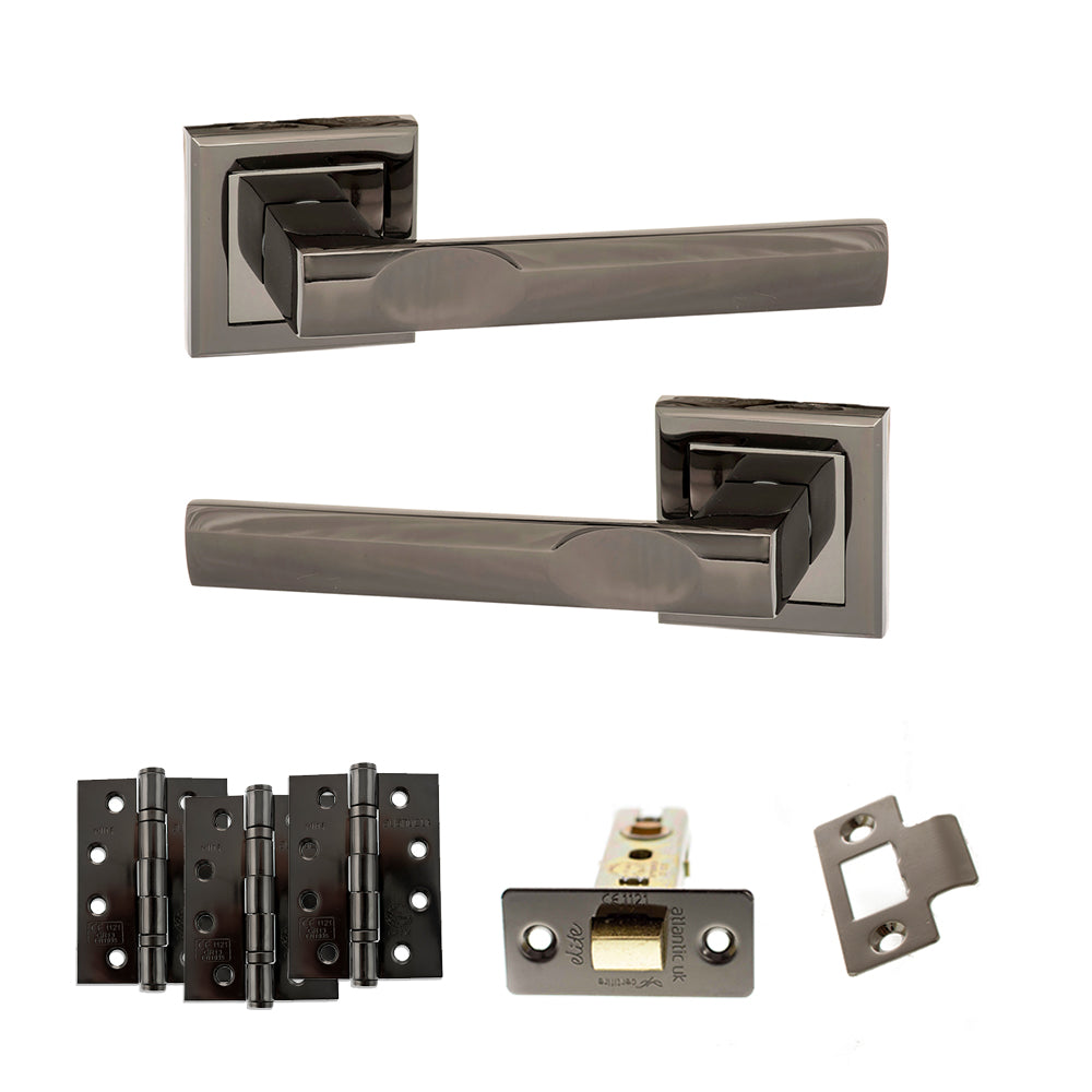 Quality image of STATUS Kansas Door Handle Pack (Latch Set - 3" CE Latch, 4" Fire Rated Hinges x3) - Black Nickel | Sku. adps24sbn4 | available from Trade Door Handles.
