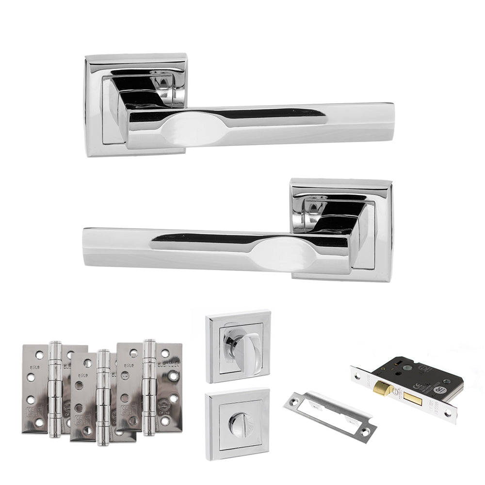 Quality image of STATUS Kansas Door Handle Pack (Bathroom Set - 2.5" CE Bathroom Lock, 4" Fire Rated Hinges x3) - Polished Chrome | Sku. adps24spc10 | available from Trade Door Handles.