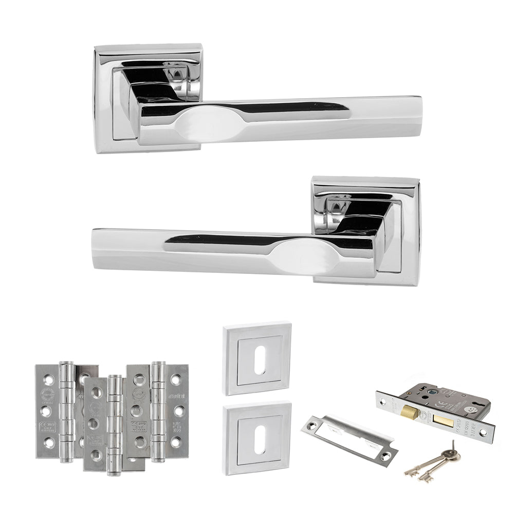 Quality image of STATUS Kansas Door Handle Pack (3 Lever Lock Set - 2.5" CE Sashlock, 3" Fire Rated Hinges x3) - Polished Chrome | Sku. adps24spc14 | available from Trade Door Handles.