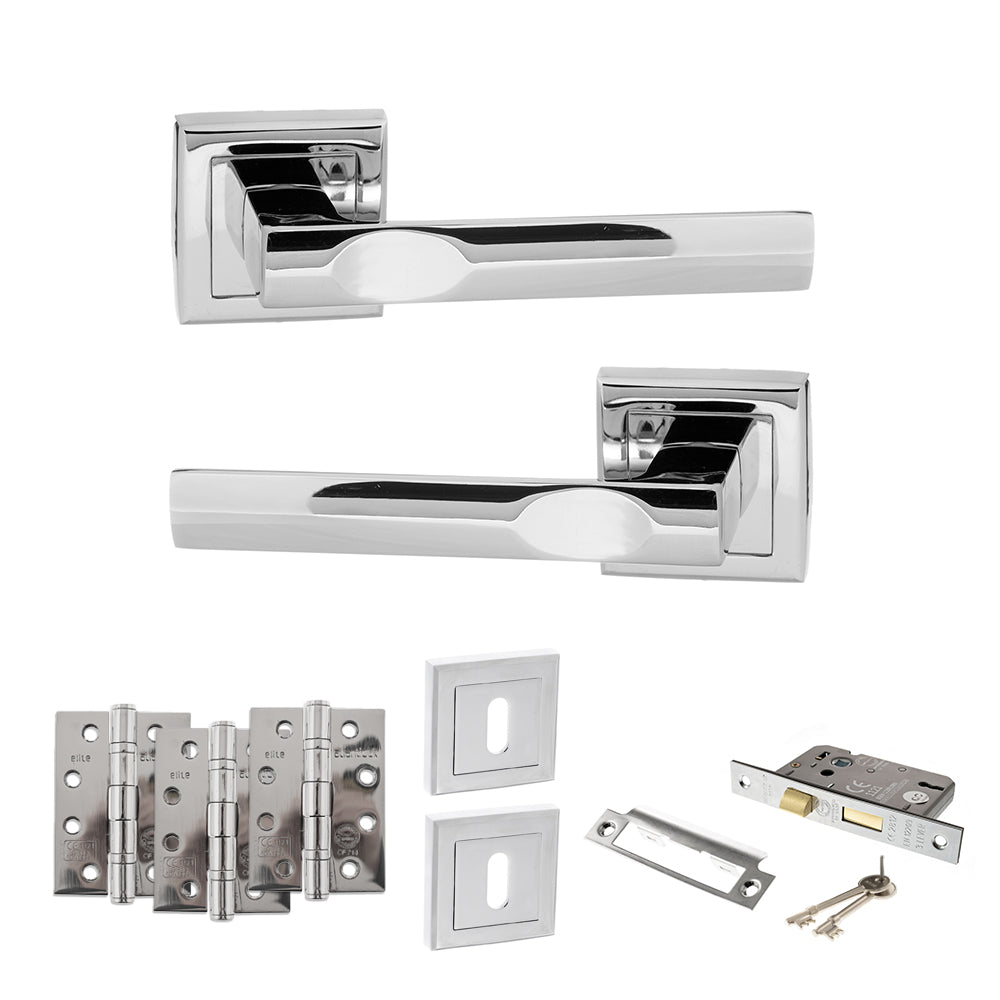 Quality image of STATUS Kansas Door Handle Pack (3 Lever Lock Set - 2.5" CE Sashlock, 4" Fire Rated Hinges x3) - Polished Chrome | Sku. adps24spc16 | available from Trade Door Handles.