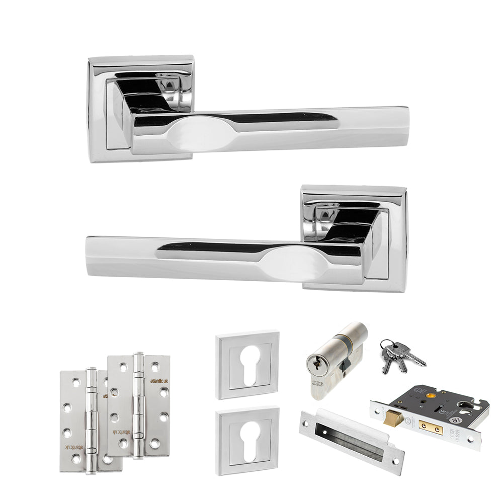Quality image of STATUS Kansas Door Handle Pack (Euro Lock Set - 3" CE Sashlock, 4" Slim Knuckle Hinges x2) - Polished Chrome | Sku. adps24spc25 | available from Trade Door Handles.