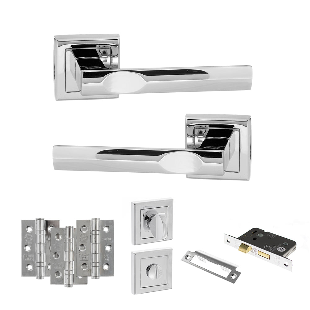 Quality image of STATUS Kansas Door Handle Pack (Bathroom Set - 3" CE Bathroom Lock, 3" Fire Rated Hinges x3) - Polished Chrome | Sku. adps24spc9 | available from Trade Door Handles.