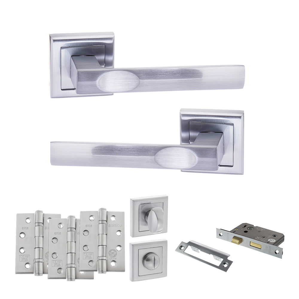 Quality image of STATUS Kansas Door Handle Pack (Bathroom Set - 2.5" CE Bathroom Lock, 4" Fire Rated Hinges x3) - Satin Chrome | Sku. adps24ssc10 | available from Trade Door Handles.