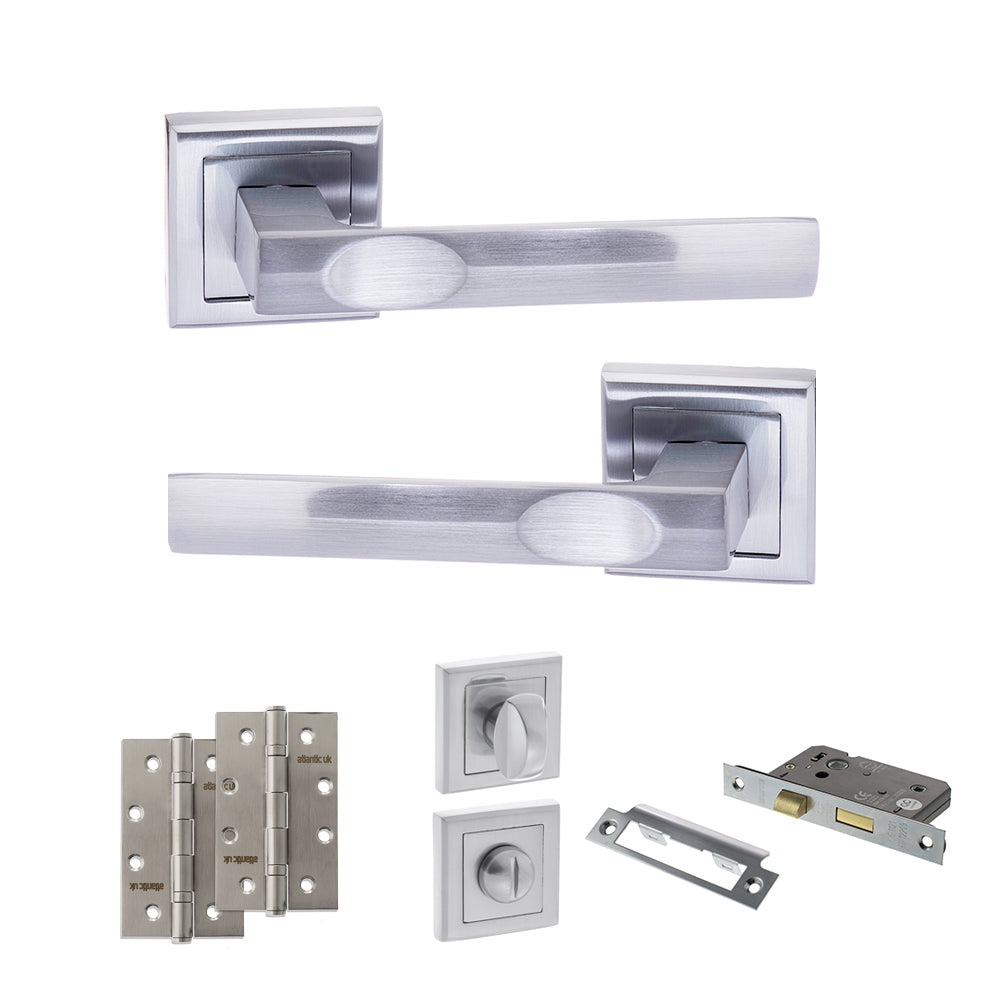 Quality image of STATUS Kansas Door Handle Pack (Bathroom Set - 2.5" CE Bathroom Lock, 4" Slim Knuckle Hinges x2) - Satin Chrome | Sku. adps24ssc12 | available from Trade Door Handles.