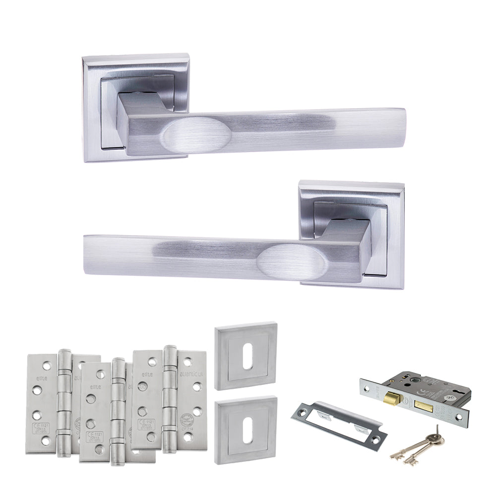 Quality image of STATUS Kansas Door Handle Pack (3 Lever Lock Set - 3" CE Sashlock, 4" Fire Rated Hinges x3) - Satin Chrome | Sku. adps24ssc17 | available from Trade Door Handles.