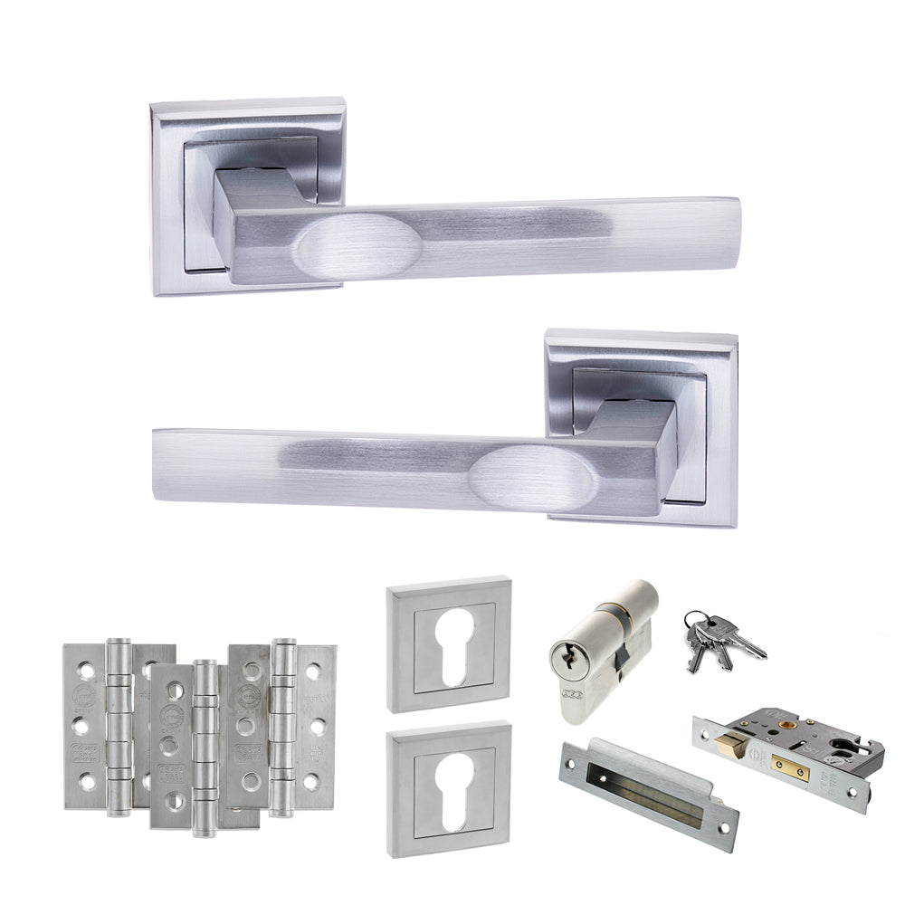 Quality image of STATUS Kansas Door Handle Pack (Euro Lock Set - 3" CE Sashlock, 3" Fire Rated Hinges x3) - Satin Chrome | Sku. adps24ssc21 | available from Trade Door Handles.