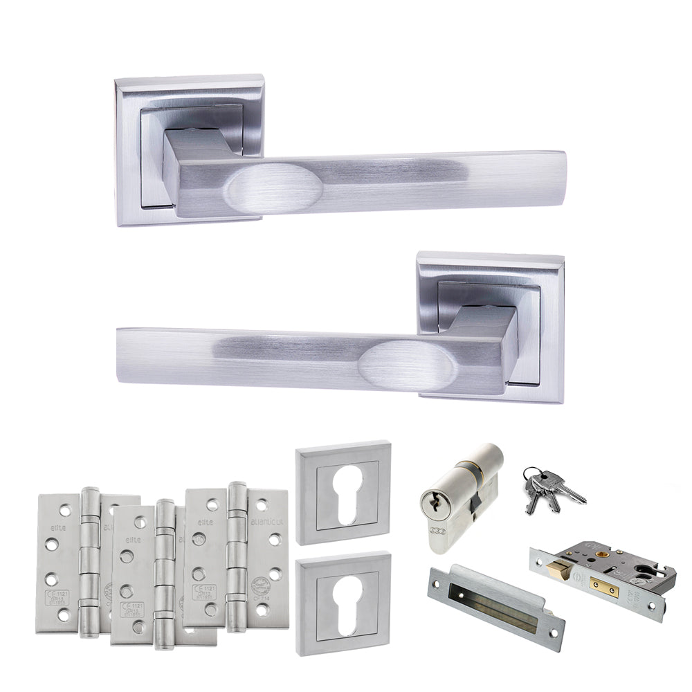 Quality image of STATUS Kansas Door Handle Pack (Euro Lock Set - 3" CE Sashlock, 4" Fire Rated Hinges x3) - Satin Chrome | Sku. adps24ssc23 | available from Trade Door Handles.