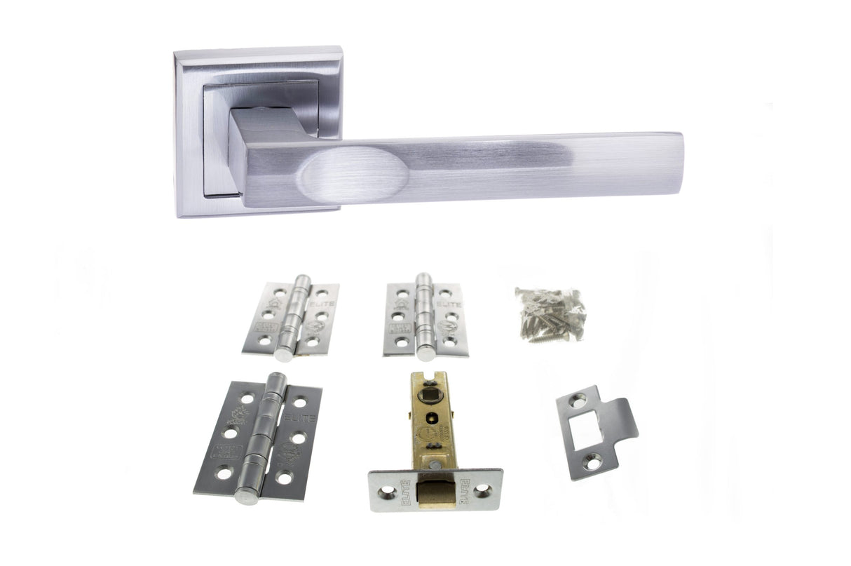 Quality image of STATUS Kansas Door Handle Pack (Latch Set - 3" CE Latch, 3" Fire Rated Hinges x3) - Satin Chrome | Sku. adps24ssc2 | available from Trade Door Handles.