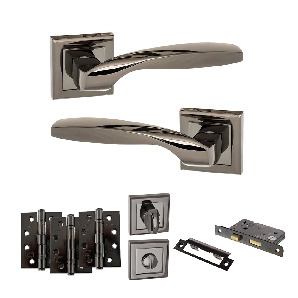 Quality image of STATUS Oklahoma Door Handle Pack (Bathroom Set - 2.5" CE Bathroom Lock, 4" Fire Rated Hinges x3) - Black Nickel | Sku. adps25sbn10 | available from Trade Door Handles.