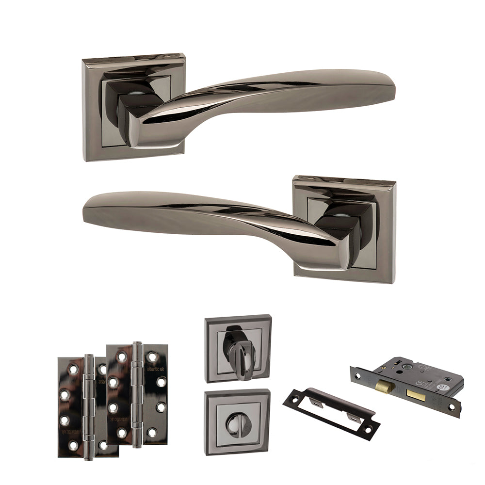 Quality image of STATUS Oklahoma Door Handle Pack (Bathroom Set - 2.5" CE Bathroom Lock, 4" Slim Knuckle Hinges x2) - Black Nickel | Sku. adps25sbn12 | available from Trade Door Handles.