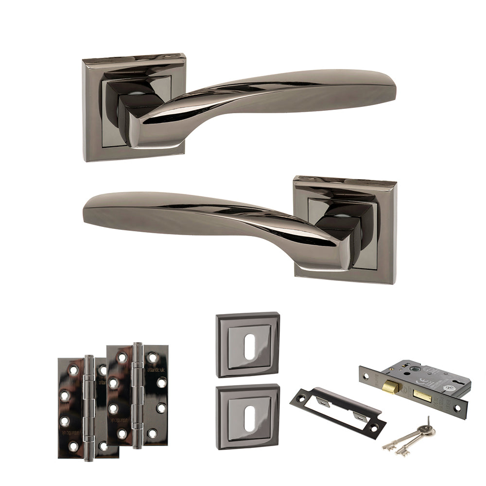 Quality image of STATUS Oklahoma Door Handle Pack (3 Lever Lock Set - 3" CE Sashlock, 4" Slim Knuckle Hinges x2) - Black Nickel | Sku. adps25sbn19 | available from Trade Door Handles.