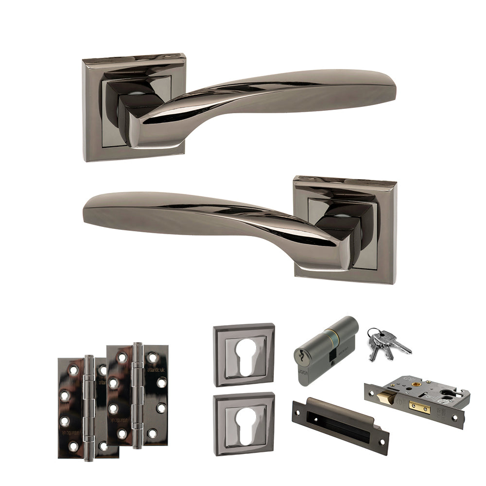Quality image of STATUS Oklahoma Door Handle Pack (Euro Lock Set - 3" CE Sashlock, 4" Slim Knuckle Hinges x2) - Black Nickel | Sku. adps25sbn25 | available from Trade Door Handles.