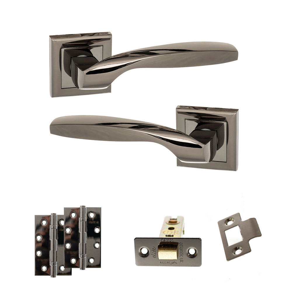 Quality image of STATUS Oklahoma Door Handle Pack (Latch Set - 2.5" CE Latch, 4" Slim Knuckle Hinges x2) - Black Nickel | Sku. adps25sbn5 | available from Trade Door Handles.