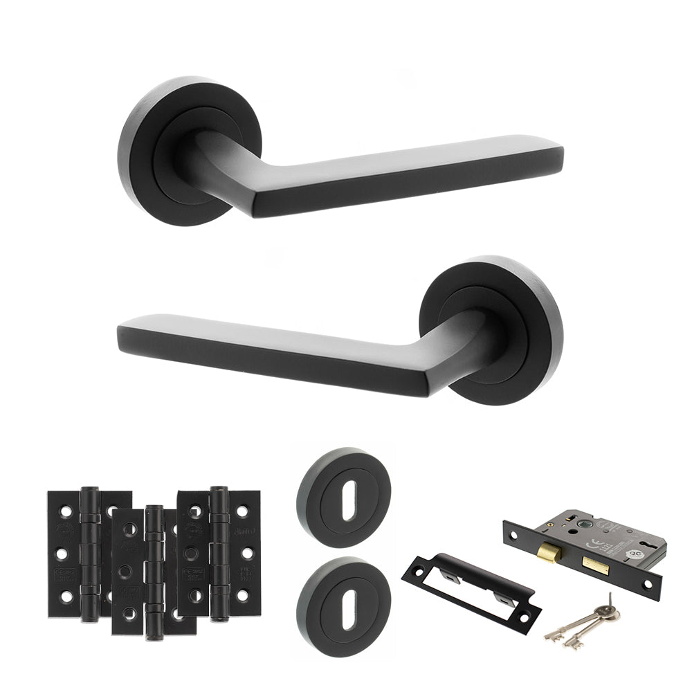 Quality image of STATUS Alaska Door Handle Pack (3 Lever Lock Set - 3" CE Sashlock, 3" Fire Rated Hinges x3) - Matt Black | Sku. adps26rmb15 | available from Trade Door Handles.