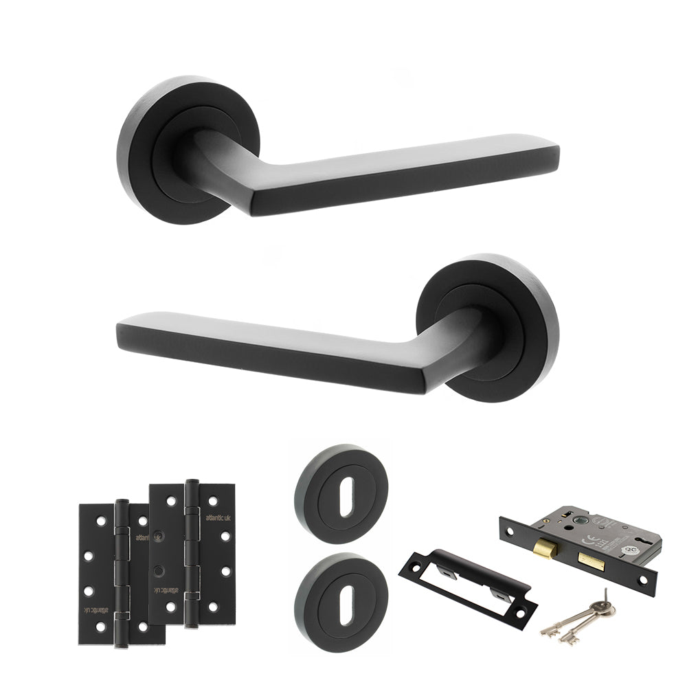 Quality image of STATUS Alaska Door Handle Pack (3 Lever Lock Set - 2.5" CE Sashlock, 4" Slim Knuckle Hinges x2) - Matt Black | Sku. adps26rmb18 | available from Trade Door Handles.