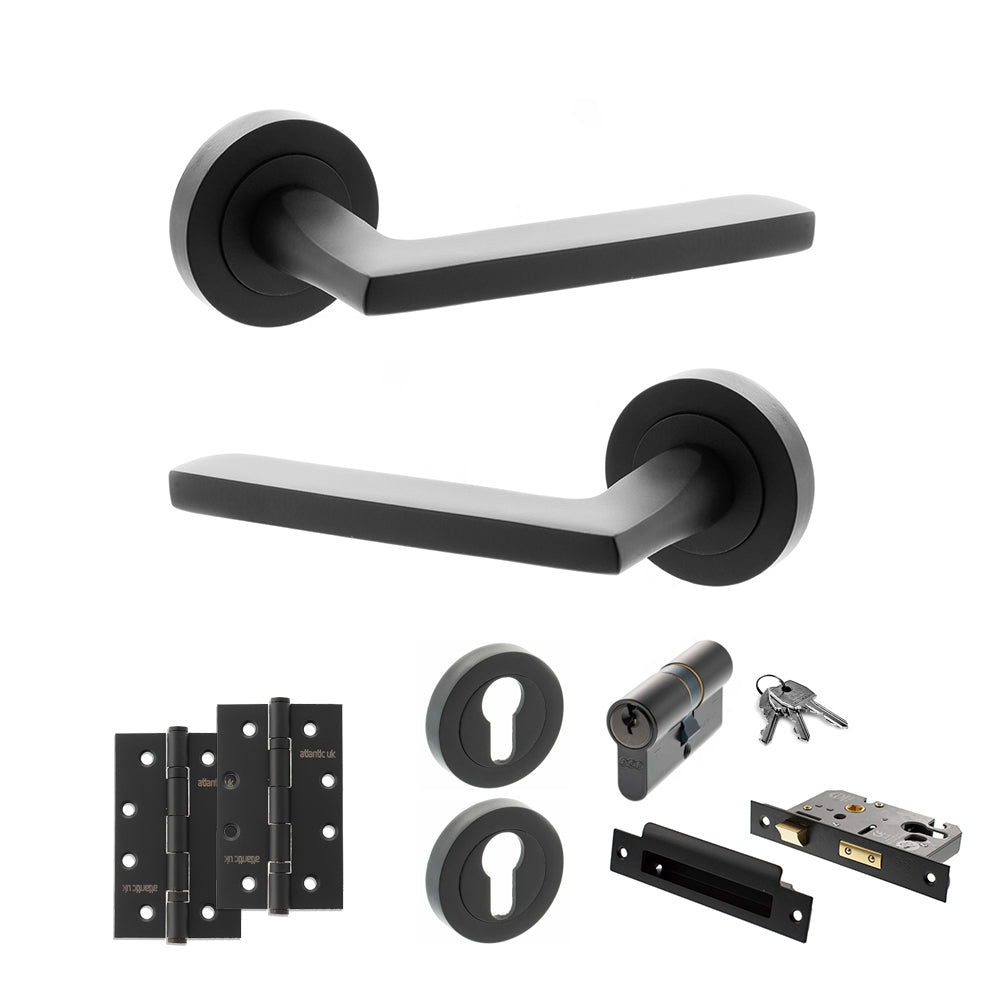 Quality image of STATUS Alaska Door Handle Pack (Euro Lock Set - 2.5" CE Sashlock, 4" Slim Knuckle Hinges x2) - Matt Black | Sku. adps26rmb24 | available from Trade Door Handles.