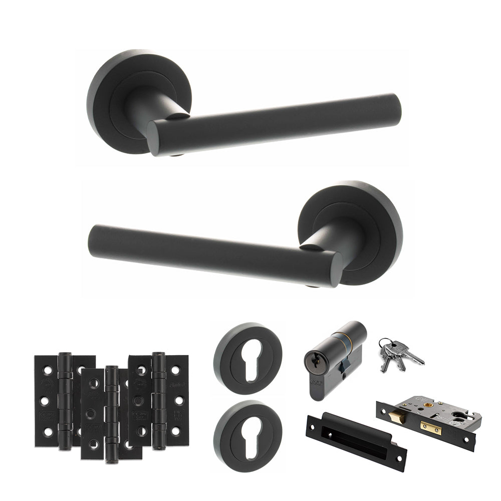 Quality image of STATUS Nebraska Door Handle Pack (Euro Lock Set - 3" CE Sashlock, 3" Fire Rated Hinges x3) - Matt Black | Sku. adps28rmb21 | available from Trade Door Handles.