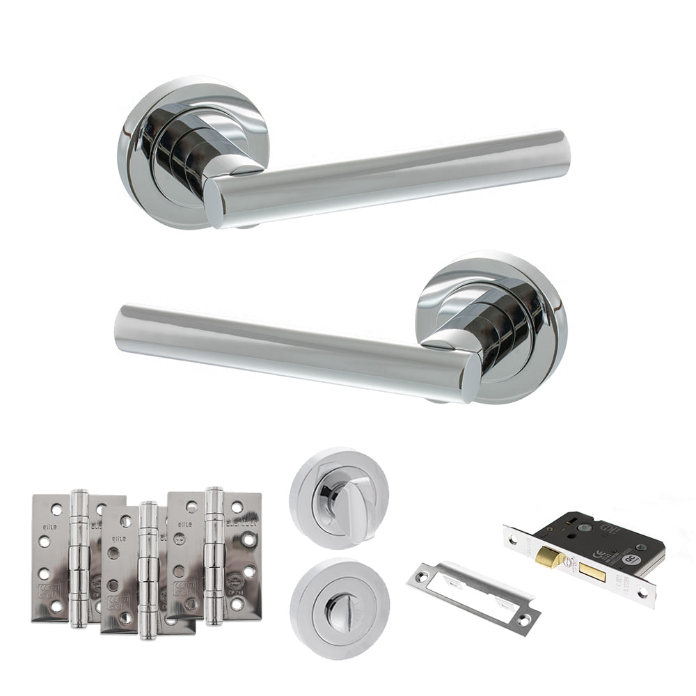 Quality image of STATUS Nebraska Door Handle Pack (Bathroom Set - 2.5" CE Bathroom Lock, 4" Fire Rated Hinges x3) - Polished Chrome | Sku. adps28rpc10 | available from Trade Door Handles.