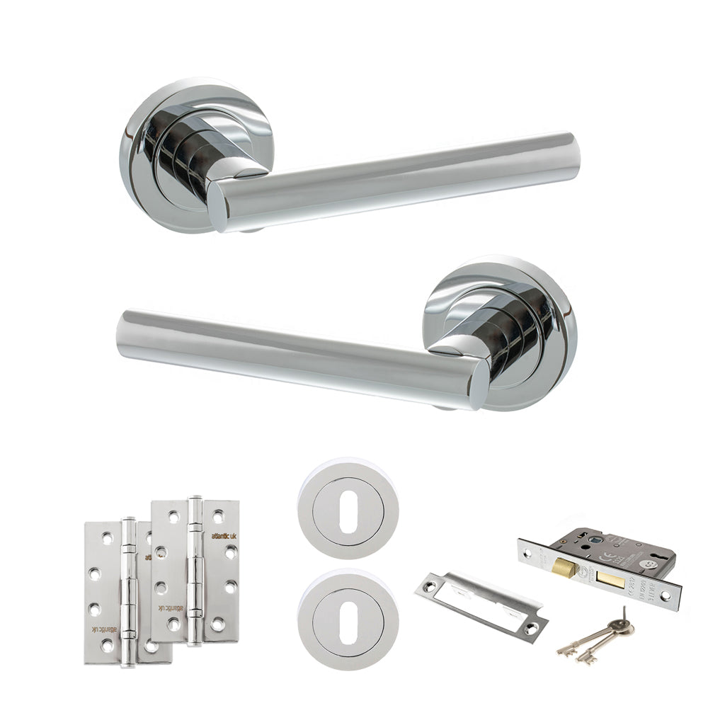 Quality image of STATUS Nebraska Door Handle Pack (3 Lever Lock Set - 3" CE Sashlock, 4" Slim Knuckle Hinges x2) - Polished Chrome | Sku. adps28rpc19 | available from Trade Door Handles.