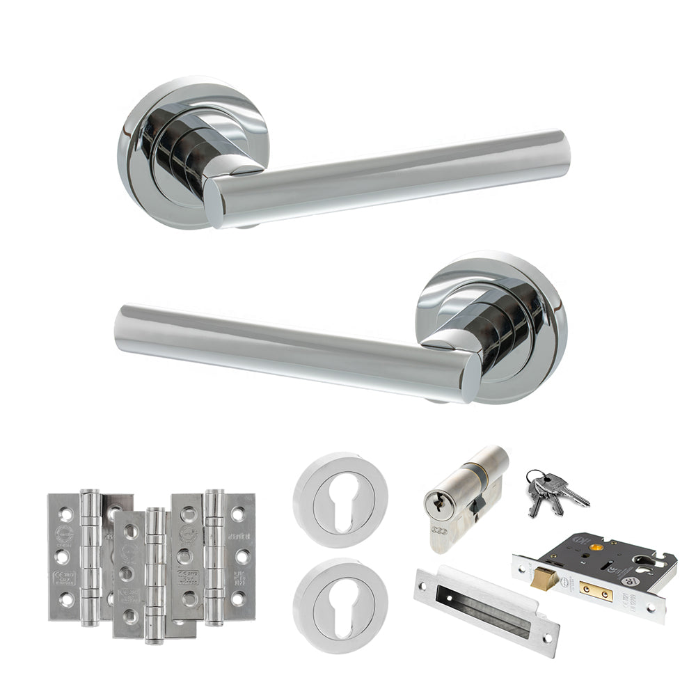 Quality image of STATUS Nebraska Door Handle Pack (Euro Lock Set - 3" CE Sashlock, 3" Fire Rated Hinges x3) - Polished Chrome | Sku. adps28rpc21 | available from Trade Door Handles.