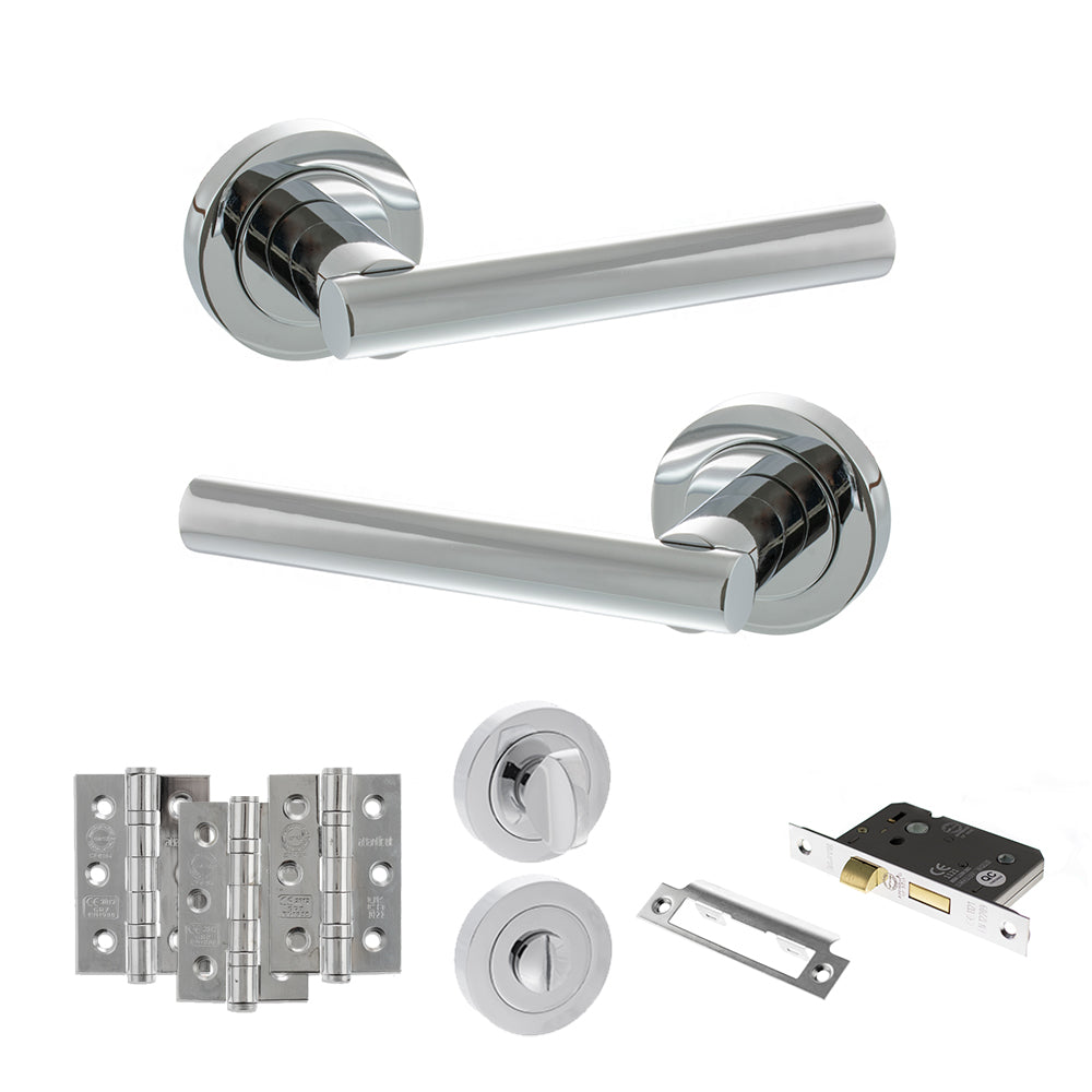 Quality image of STATUS Nebraska Door Handle Pack (Bathroom Set - 2.5" CE Bathroom Lock, 3" Fire Rated Hinges x3) - Polished Chrome | Sku. adps28rpc8 | available from Trade Door Handles.