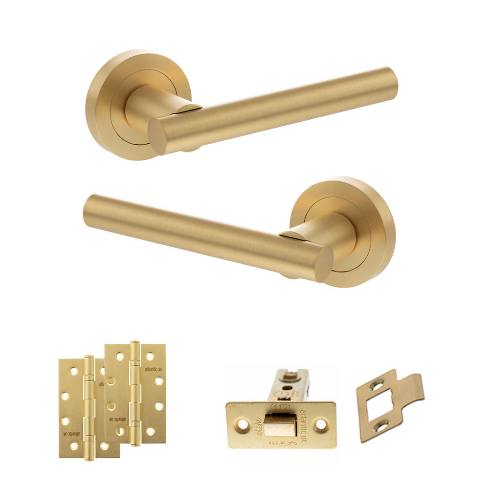 Quality image of STATUS Nebraska Door Handle Pack (Latch Set - 2.5" CE Latch, 4" Slim Knuckle Hinges x2) - Satin Brass | Sku. adps28rsb5 | available from Trade Door Handles.