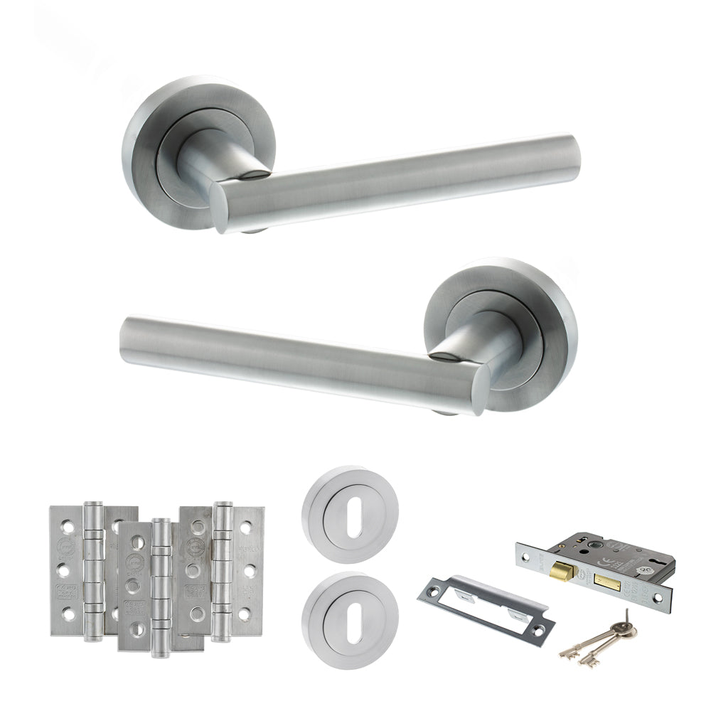 Quality image of STATUS Nebraska Door Handle Pack (3 Lever Lock Set - 2.5" CE Sashlock, 3" Fire Rated Hinges x3) - Satin Chrome | Sku. adps28rsc14 | available from Trade Door Handles.