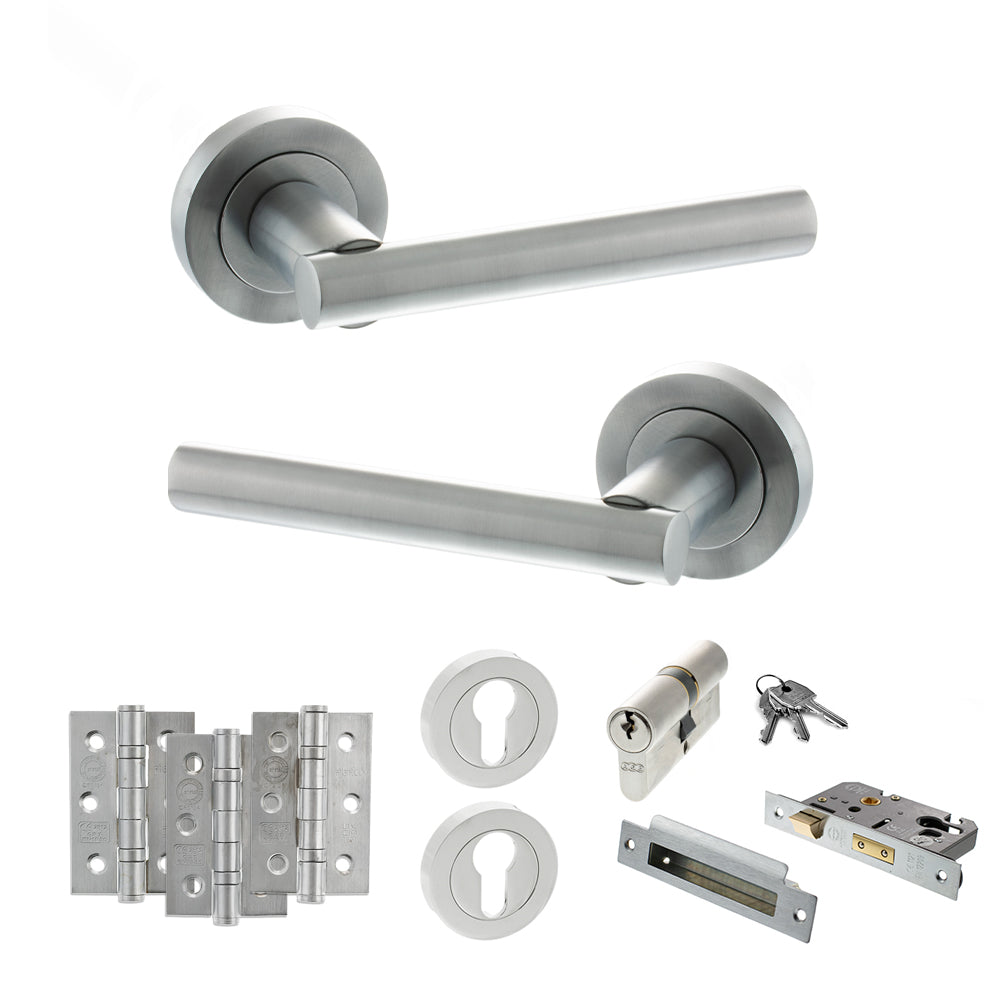 Quality image of STATUS Nebraska Door Handle Pack (Euro Lock Set - 3" CE Sashlock, 3" Fire Rated Hinges x3) - Satin Chrome | Sku. adps28rsc21 | available from Trade Door Handles.