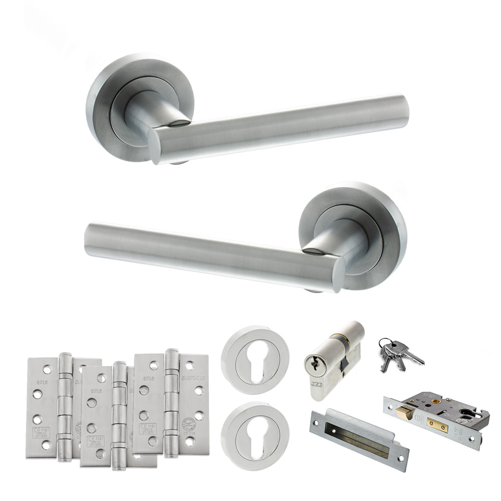 Quality image of STATUS Nebraska Door Handle Pack (Euro Lock Set - 2.5" CE Sashlock, 4" Fire Rated Hinges x3) - Satin Chrome | Sku. adps28rsc22 | available from Trade Door Handles.
