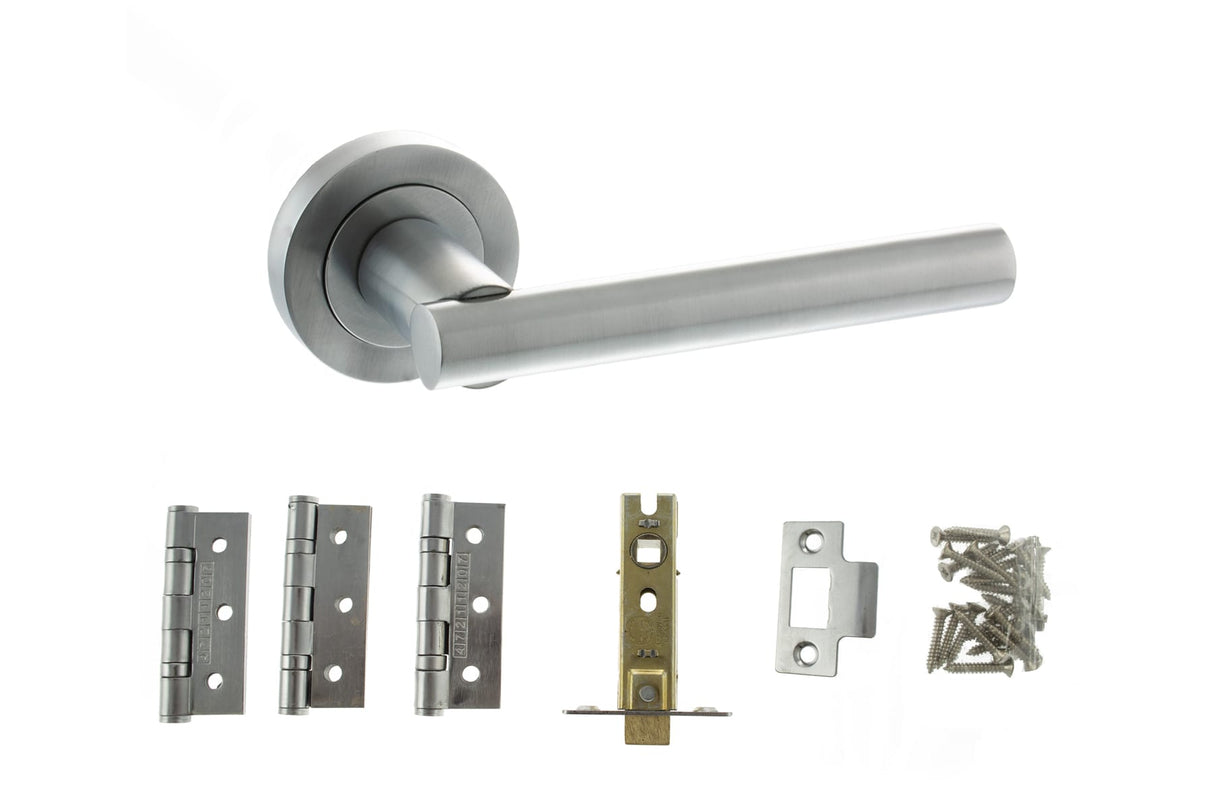 Quality image of STATUS Nebraska Door Handle Pack (Latch Set - 2.5" CE Latch, 3" Fire Rated Hinges x3) - Satin Chrome | Sku. adps28rsc1 | available from Trade Door Handles.