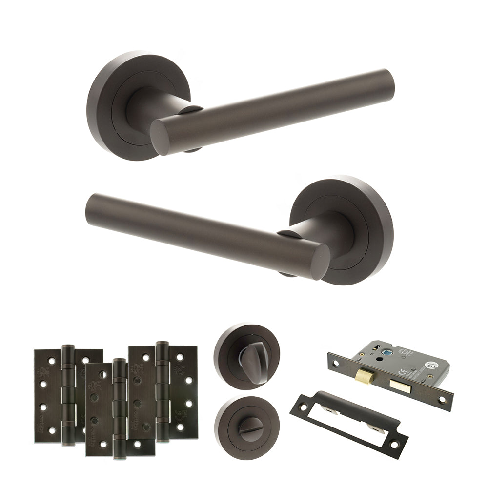 Quality image of STATUS Nebraska Door Handle Pack (Bathroom Set - 2.5" CE Bathroom Lock, 4" Fire Rated Hinges x3) - Urban Dark Bronze | Sku. adps28rudb10 | available from Trade Door Handles.