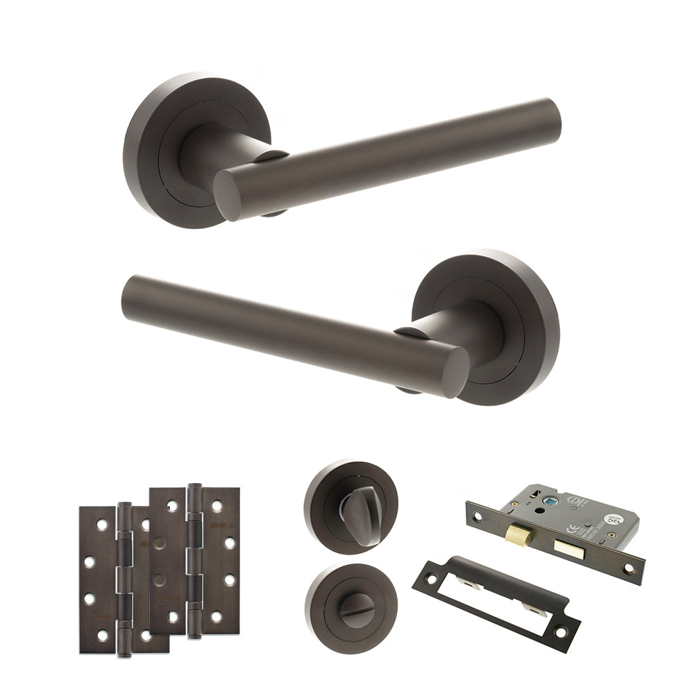 Quality image of STATUS Nebraska Door Handle Pack (Bathroom Set - 2.5" CE Bathroom Lock, 4" Slim Knuckle Hinges x2) - Urban Dark Bronze | Sku. adps28rudb12 | available from Trade Door Handles.