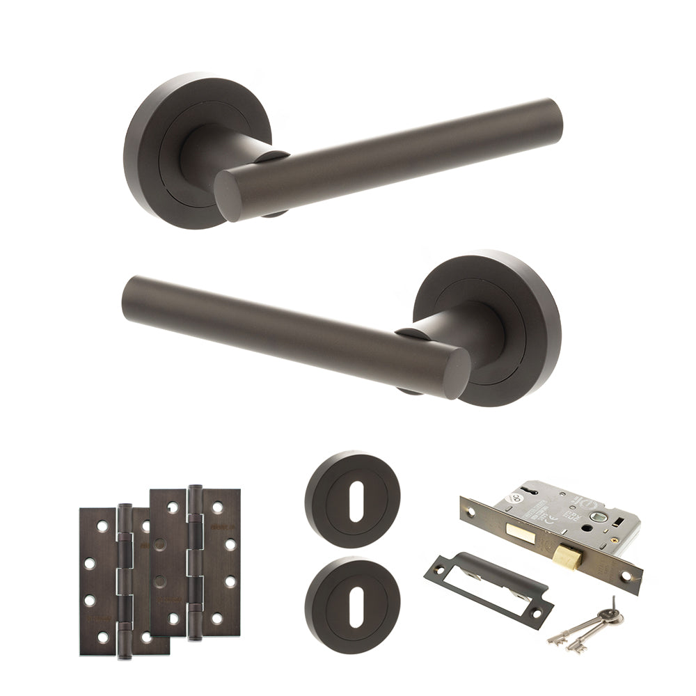 Quality image of STATUS Nebraska Door Handle Pack (3 Lever Lock Set - 2.5" CE Sashlock, 4" Slim Knuckle Hinges x2) - Urban Dark Bronze | Sku. adps28rudb18 | available from Trade Door Handles.