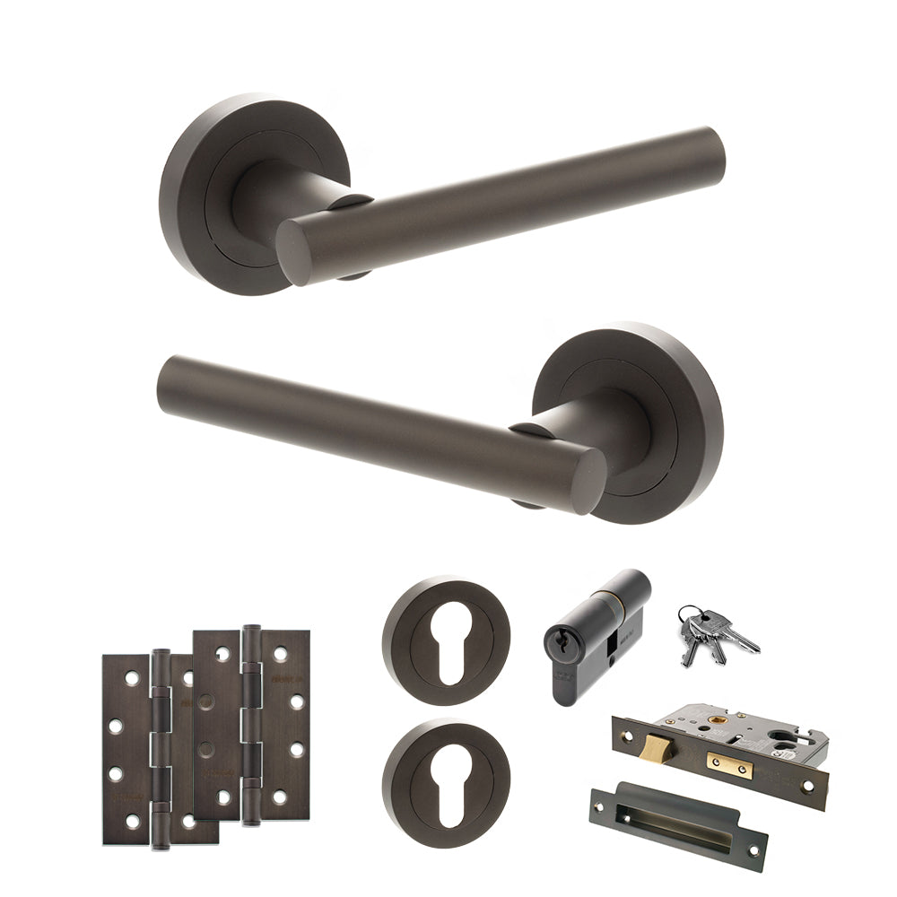 Quality image of STATUS Nebraska Door Handle Pack (Euro Lock Set - 2.5" CE Sashlock, 4" Slim Knuckle Hinges x2) - Urban Dark Bronze | Sku. adps28rudb24 | available from Trade Door Handles.