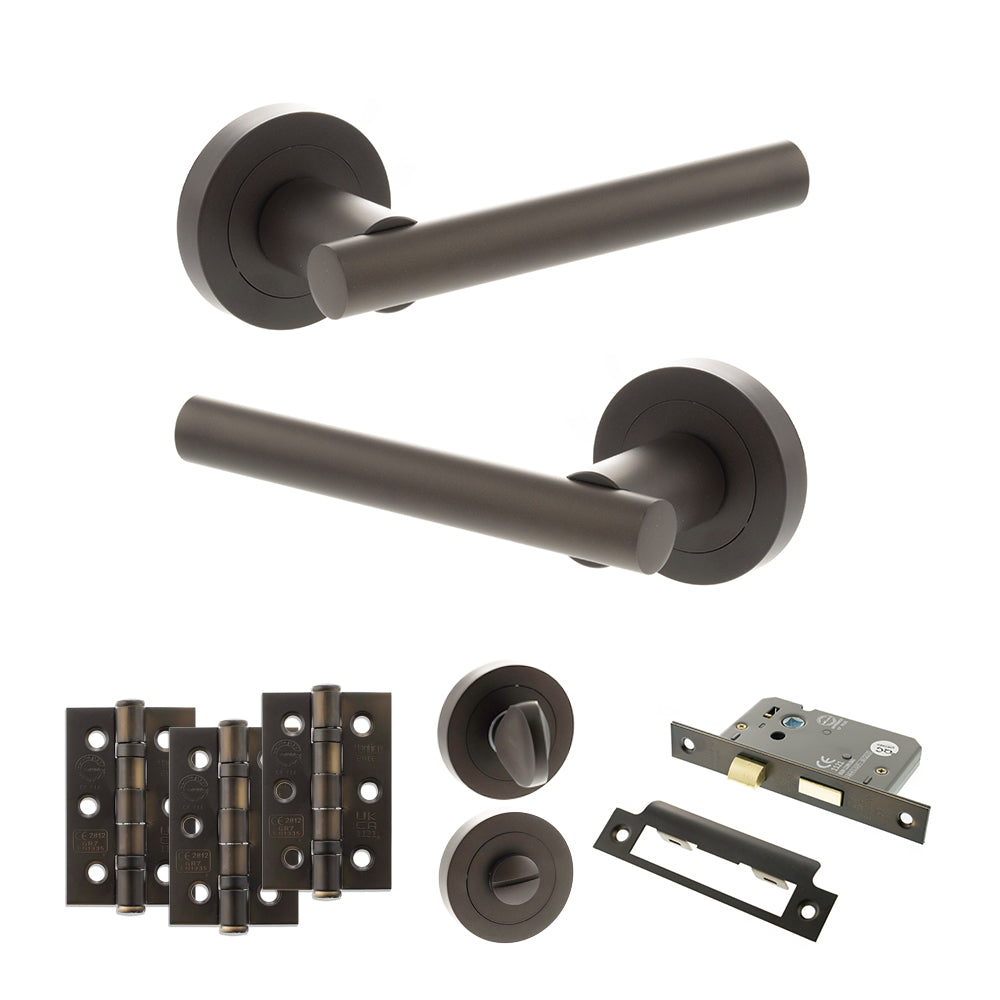 Quality image of STATUS Nebraska Door Handle Pack (Bathroom Set - 3" CE Bathroom Lock, 3" Fire Rated Hinges x3) - Urban Dark Bronze | Sku. adps28rudb9 | available from Trade Door Handles.