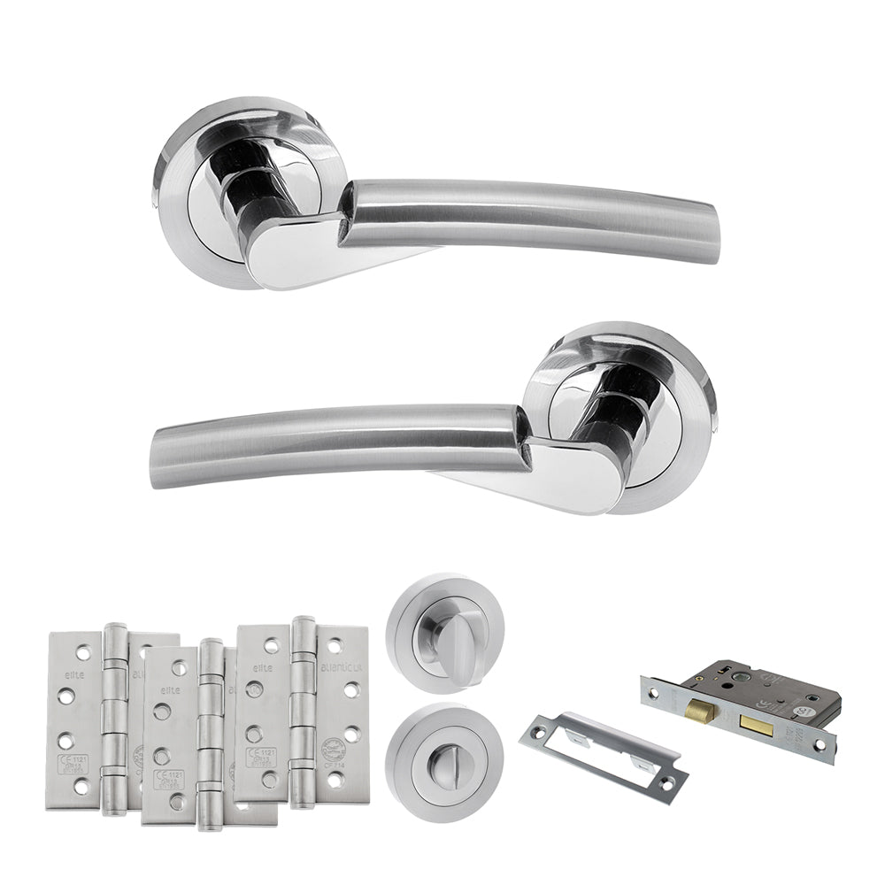 Quality image of STATUS Florida Door Handle Pack (Bathroom Set - 3" CE Bathroom Lock, 4" Fire Rated Hinges x3) - Satin Chrome/Polished Chrome | Sku. adps32rscpc11 | available from Trade Door Handles.
