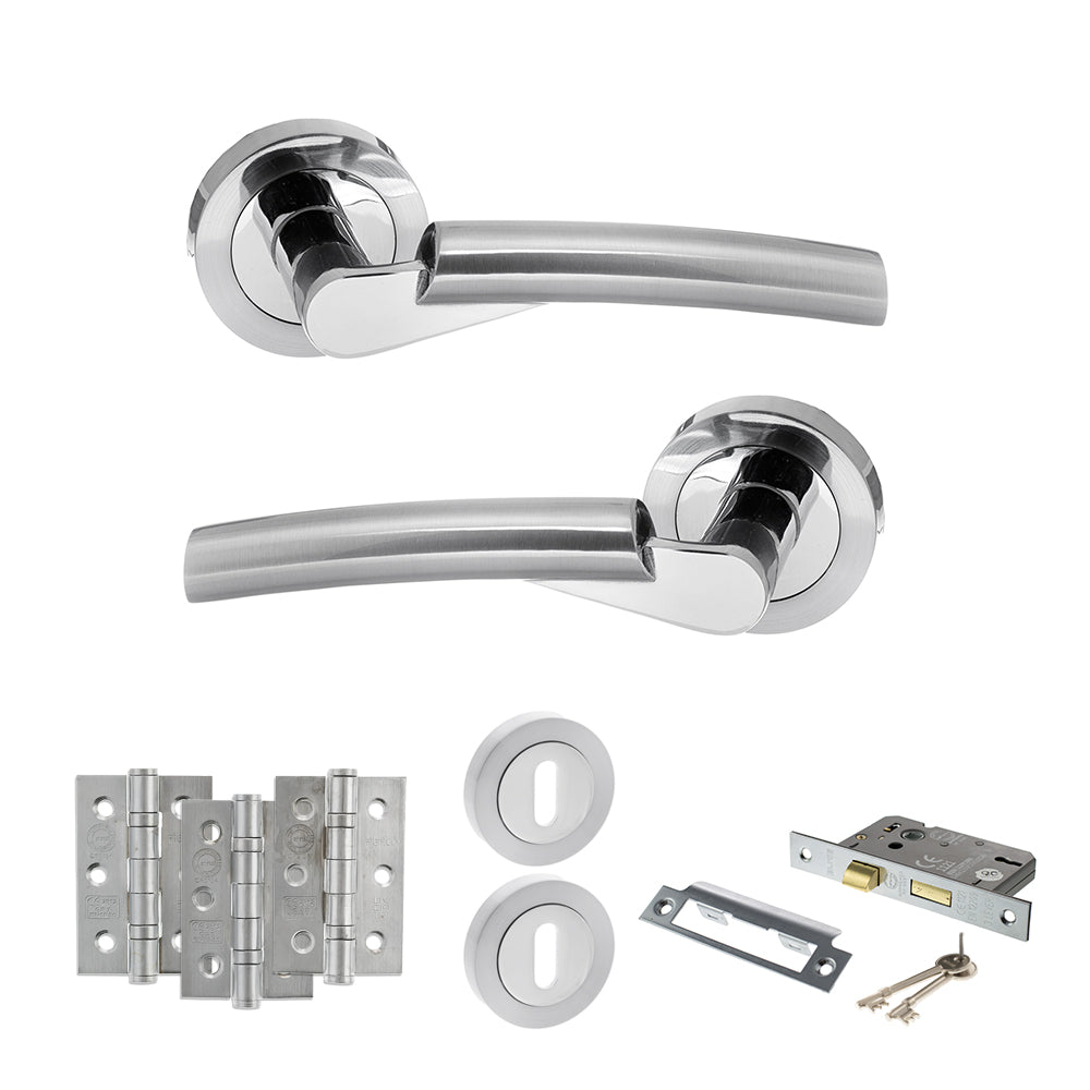 Quality image of STATUS Florida Door Handle Pack (3 Lever Lock Set - 3" CE Sashlock, 3" Fire Rated Hinges x3) - Satin Chrome/Polished Chrome | Sku. adps32rscpc15 | available from Trade Door Handles.