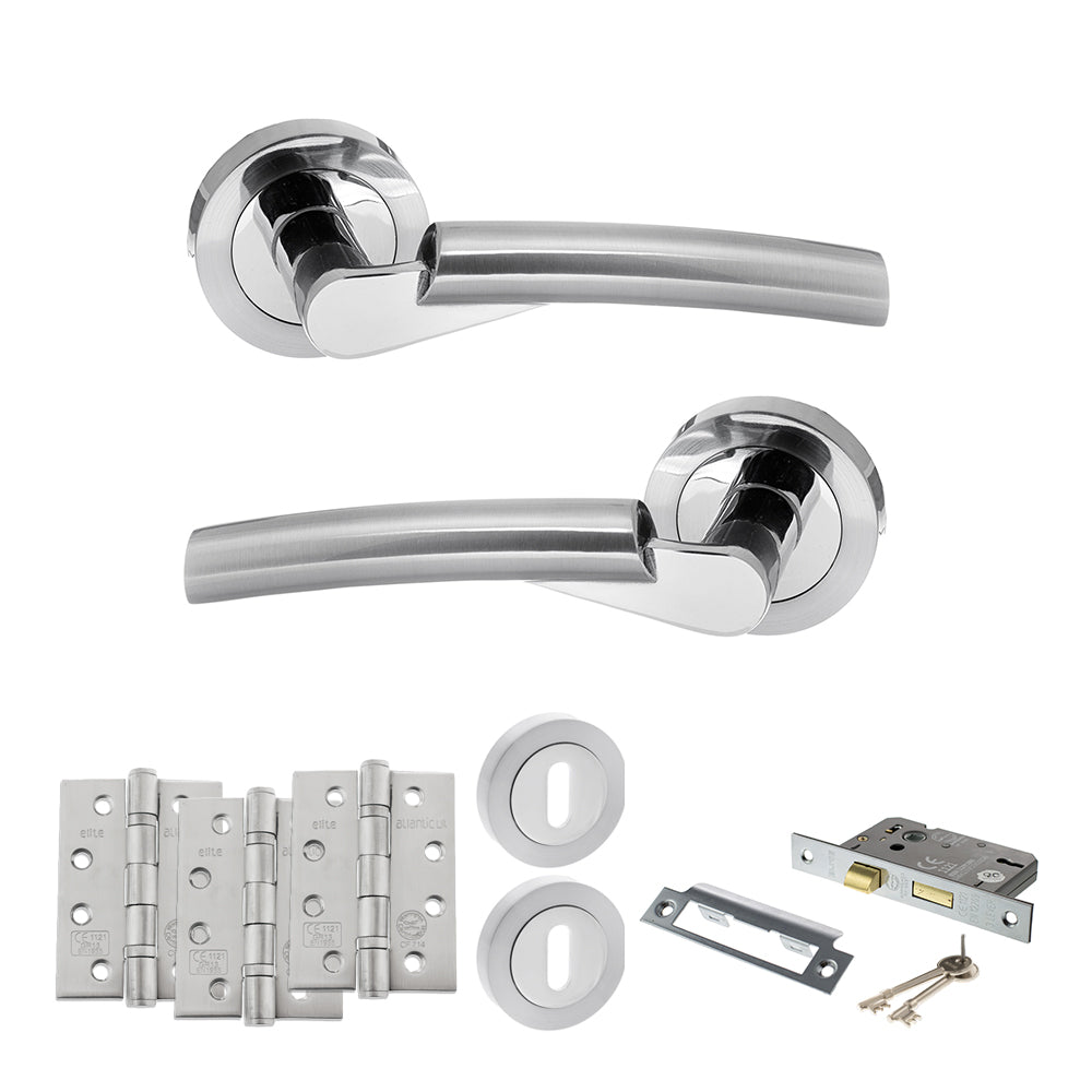 Quality image of STATUS Florida Door Handle Pack (3 Lever Lock Set - 2.5" CE Sashlock, 4" Fire Rated Hinges x3) - Satin Chrome/Polished Chrome | Sku. adps32rscpc16 | available from Trade Door Handles.