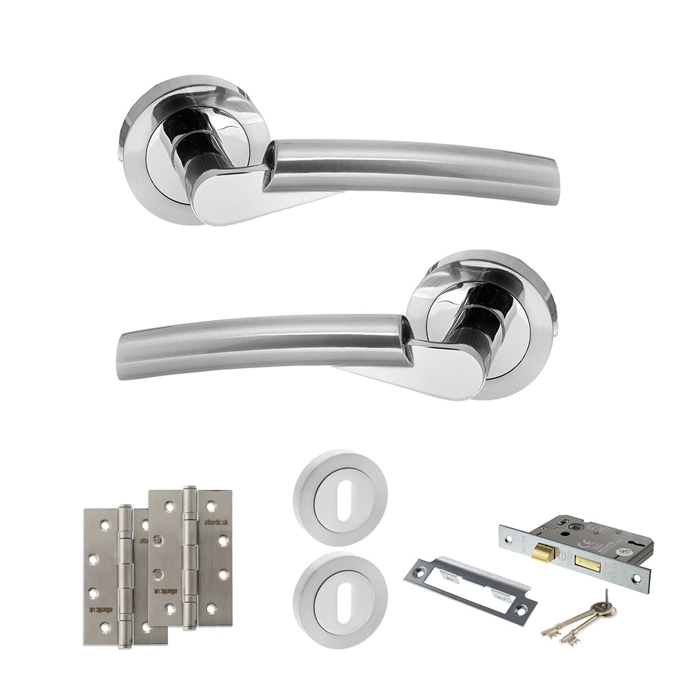 Quality image of STATUS Florida Door Handle Pack (3 Lever Lock Set - 3" CE Sashlock, 4" Slim Knuckle Hinges x2) - Satin Chrome/Polished Chrome | Sku. adps32rscpc19 | available from Trade Door Handles.