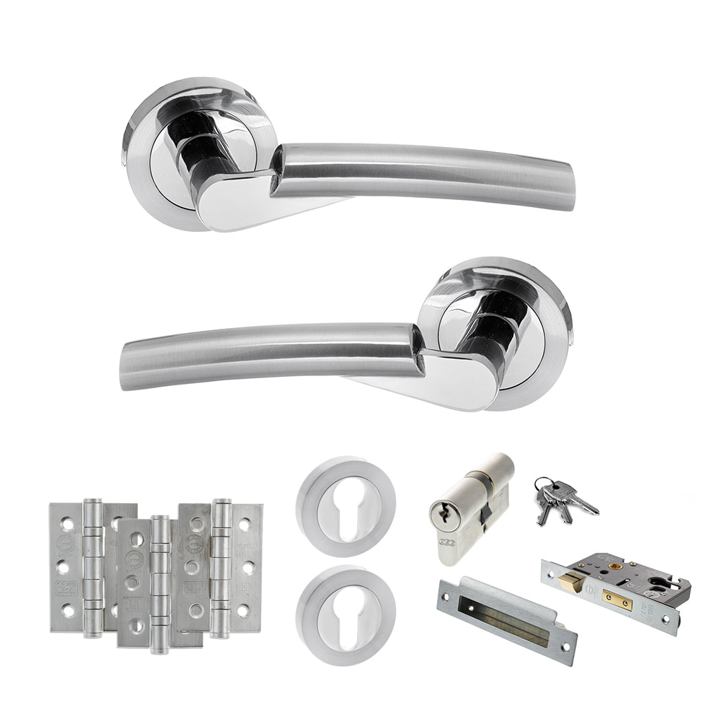 Quality image of STATUS Florida Door Handle Pack (Euro Lock Set - 3" CE Sashlock, 3" Fire Rated Hinges x3) - Satin Chrome/Polished Chrome | Sku. adps32rscpc21 | available from Trade Door Handles.