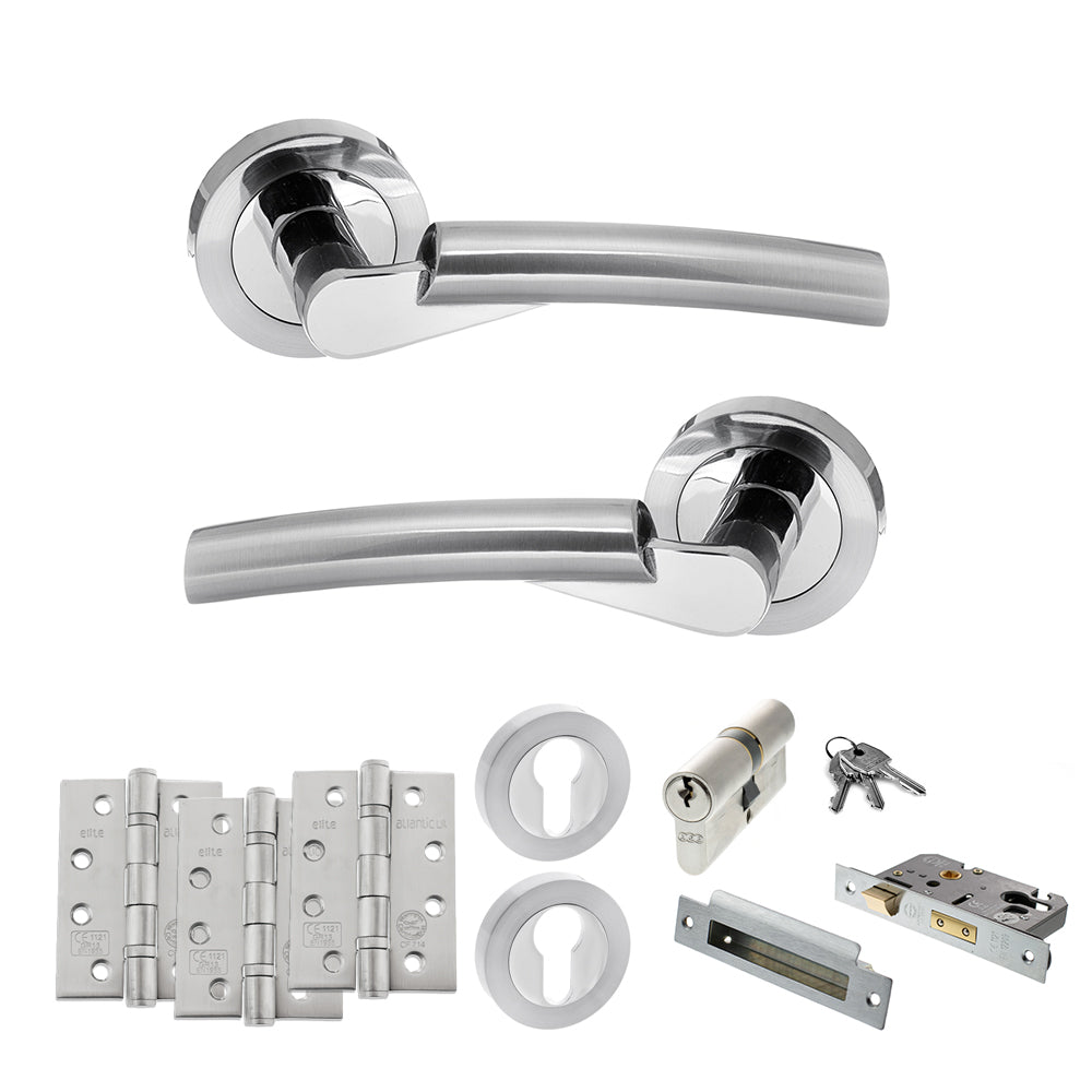 Quality image of STATUS Florida Door Handle Pack (Euro Lock Set - 3" CE Sashlock, 4" Fire Rated Hinges x3) - Satin Chrome/Polished Chrome | Sku. adps32rscpc23 | available from Trade Door Handles.